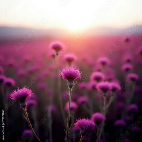 The image showcases a field of vibrant purple flowers with a soft, warm glow from the sun in the background, creating a serene and dreamy atmosphere.