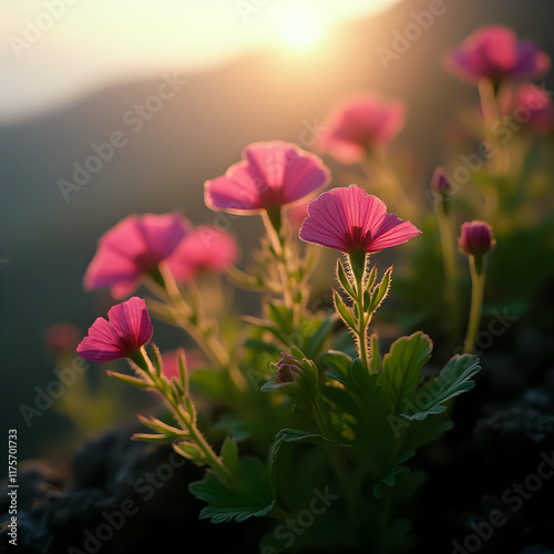 A close-up photograph of pink flowers with green leaves in the foreground, set against a soft, blurred background that suggests a sunrise or sunset.