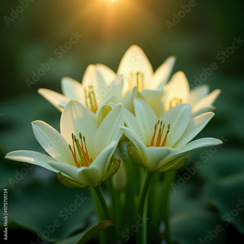 A close-up image of a cluster of white lily flowers with yellow centers, against a blurred green background with a warm, golden glow.