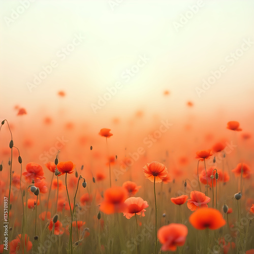 A field of vibrant red poppies stretches out under a soft, hazy light, with some buds beginning to bloom amidst the gentle sea of blossoms.