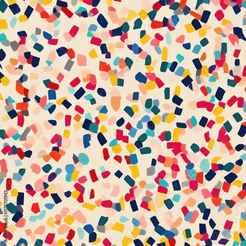 Vibrant confetti pieces in bold colors arranged in a seamless pattern over a smooth beige background, exuding joy and festivity.