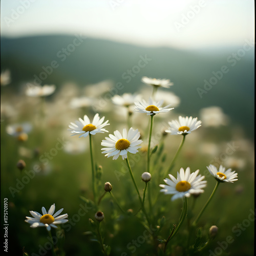 A close-up image of a field of white daisies with yellow centers, with a blurred green landscape in the background.