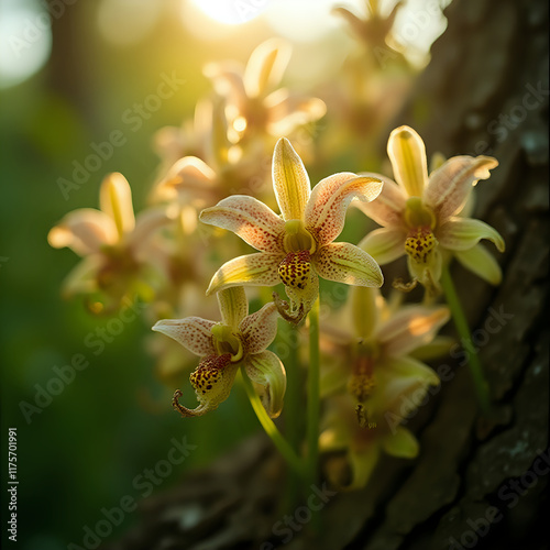 A close-up of a cluster of delicate yellow orchid flowers bathed in the warm glow of the sun, their petals adorned with a pattern of small spots.
