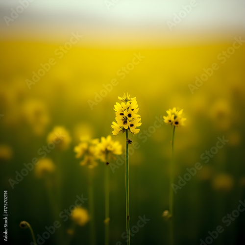 The image features a close-up of yellow flowers in a field, with a blurred background suggesting a field of similar flowers.