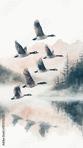 A serene watercolor illustration of a flock of geese flying over a misty lake with pine trees and mountains in the background