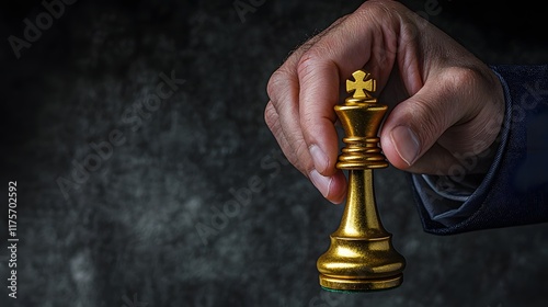 Close up of a hand in a suit holding a golden chess piece positioned to make a critical move on the chessboard from a low angle perspective symbolizing strategy competition photo