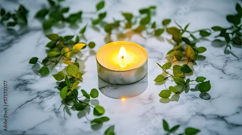 macro shot of glowing tealight surrounded by small green leaves placed on reflective marble surface
