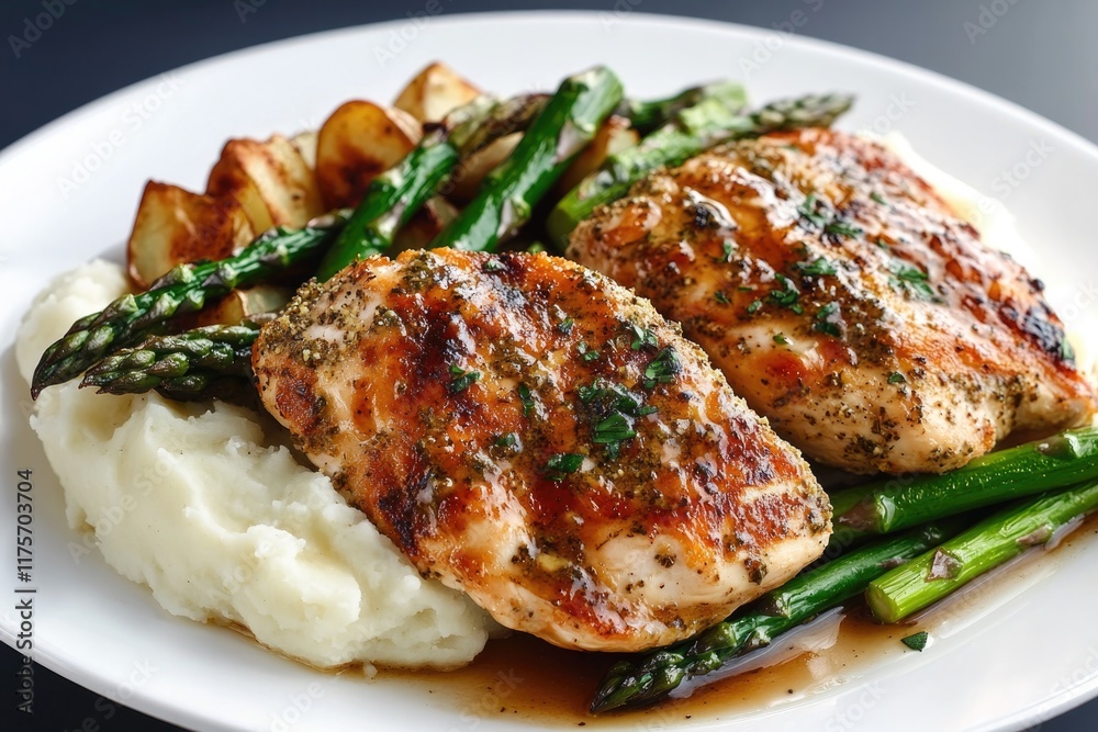 modern poultry dish featuring herb-crusted chicken breast served with roasted asparagus and creamy mashed potatoes modern poultry dish featuring herb-crusted chicken breast served with roasted asparagus and creamy mashed potatoes