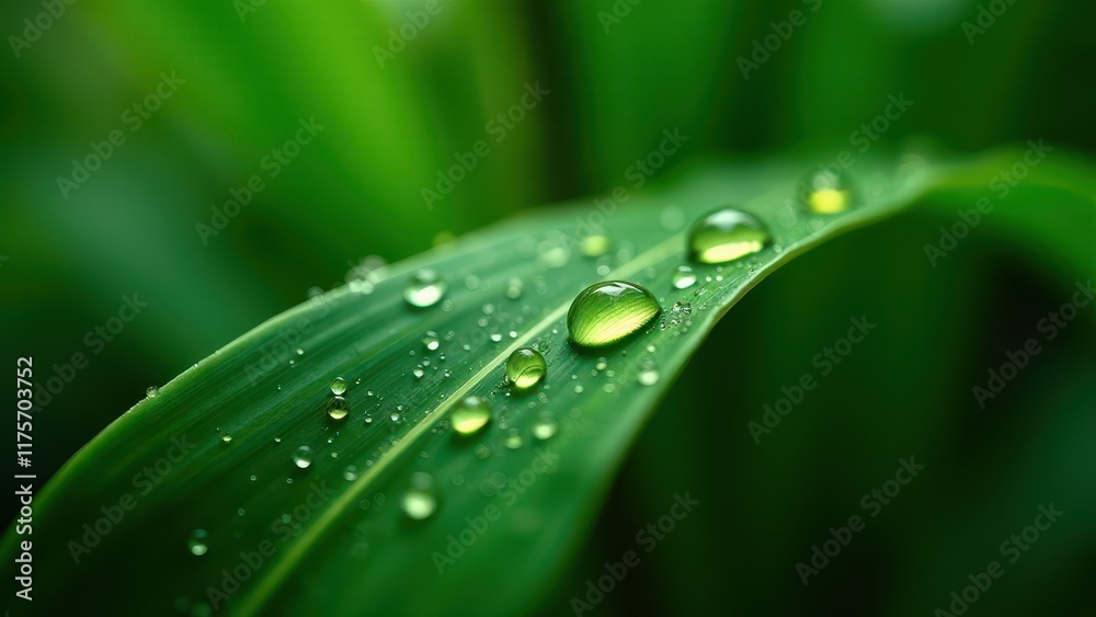 Close-Up of Dewdrops on a Green Leaf Against a Natural Background Close-Up of Dewdrops on a Green Leaf Against a Natural Background