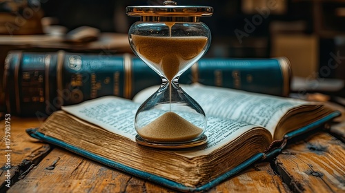 Hourglass on antique book, library setting, time passing photo