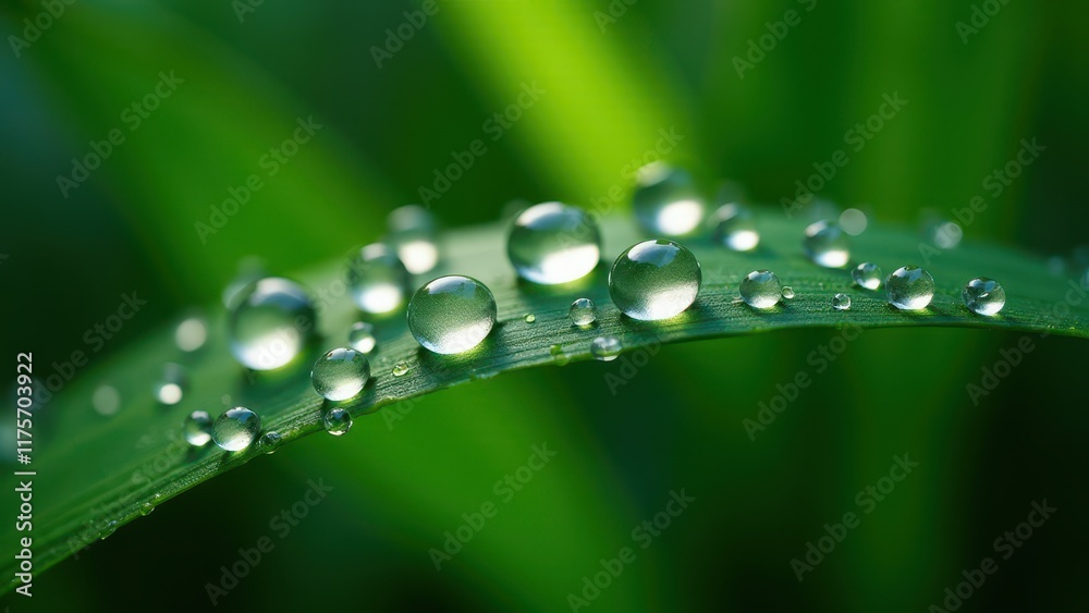 Close-Up of Dewdrops on a Green Leaf Against a Natural Background Close-Up of Dewdrops on a Green Leaf Against a Natural Background
