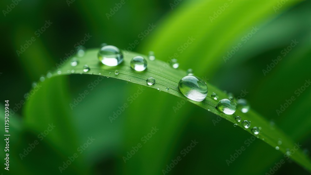 Close-Up of Dewdrops on a Green Leaf Against a Natural Background Close-Up of Dewdrops on a Green Leaf Against a Natural Background