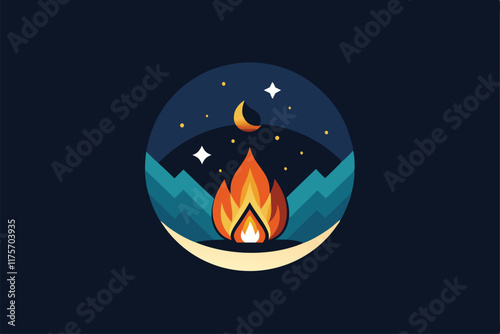 A warm campfire crackles peacefully beneath a bright, starry night sky, surrounded by mountains, A simple image of a campfire under a starry night sky, minimalist simple modern vector logo design