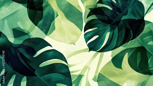 creative blend of overlapping translucent leaf silhouettes in varying shades of green with generous copy space