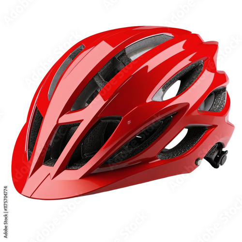 Red modern bike helmet with adjustable straps isolated on transparent background photo