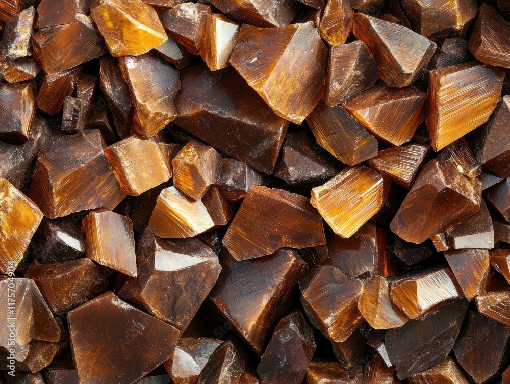 A close-up view of rough, brownish crystal fragments, showcasing their jagged edges and varying shapes. A close-up view of rough, brownish crystal fragments, showcasing their jagged edges and varying shapes.