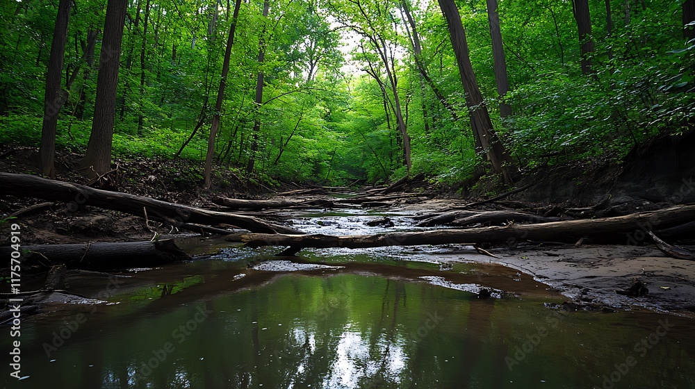 A peaceful river winding through a dense forest, with fallen logs and rocks creating small rapids