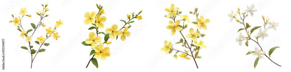 Fototapeta premium Winter jasmine isolated on transparent background, Set of