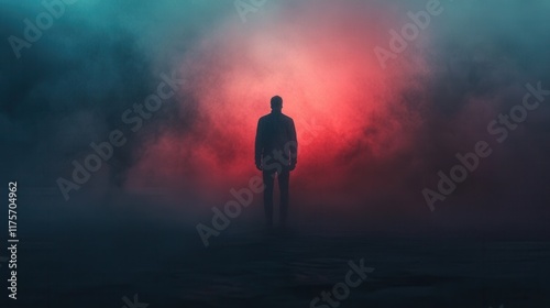 Burdened Soul in Chaos, a solitary figure battles inner demons amidst swirling mist, evoking despair and defiance in a haunting atmosphere.