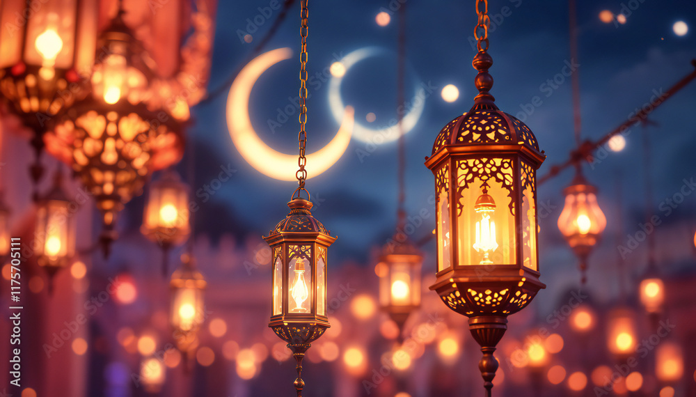 Ornate lanterns with crescent moons hanging against a night sky with a full moon. Ornate lanterns with crescent moons hanging against a night sky with a full moon.