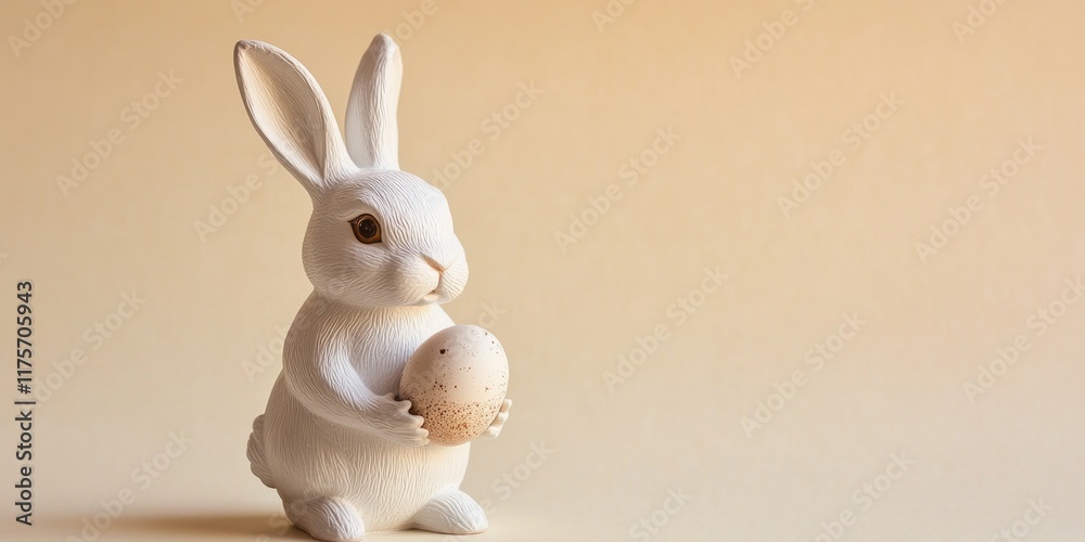 Obraz premium single ceramic bunny figurine holding egg on neutral beige solid background