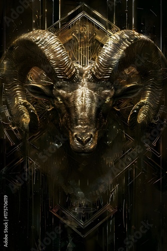 Striking Aries Ram s Head Sculpture with Powerful Chiaroscuro and Symbolic Geometric Elements photo