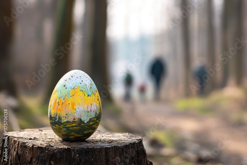 single painted egg placed on tree stump in forest clearing photo