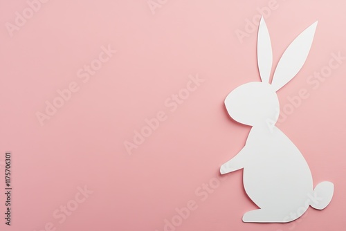 single white easter bunny silhouette cut out from paper placed on pastel pink background