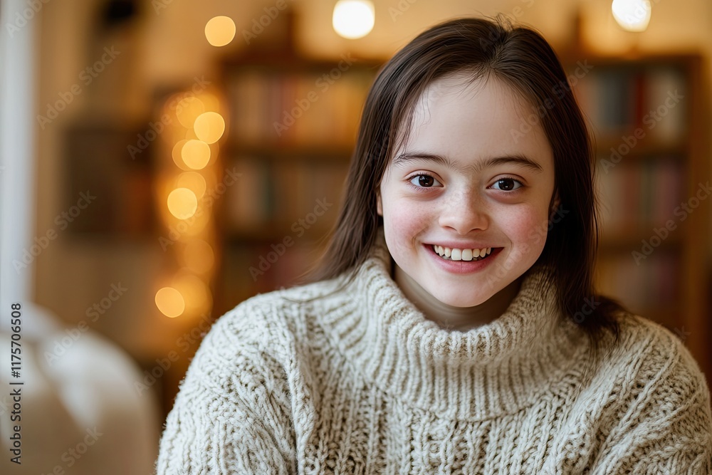 smiling young adult with down syndrome wearing cozy sweater seated in well-lit room with softly blurred bookshelf in smiling young adult with down syndrome wearing cozy sweater seated in well-lit room with softly blurred bookshelf in