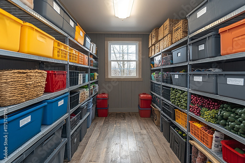 Organized Storage Room Filled With Various Containers And Food Items