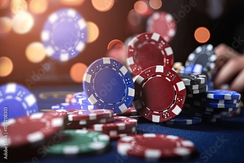 artistic image of poker chips being dramatically pushed into center of table captured mid-action