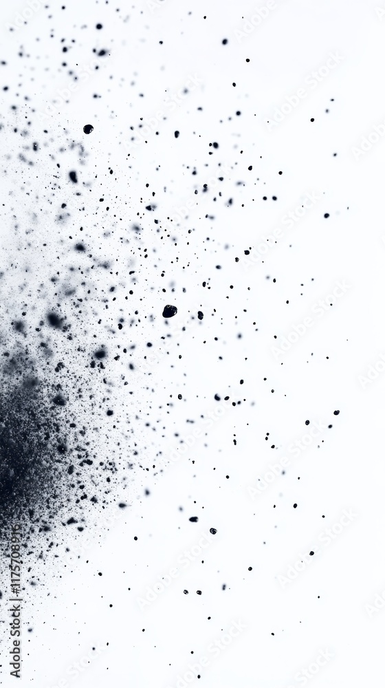 Obraz premium Small dark ink drops are creating a dynamic splash on a clean white background, forming an abstract pattern with varying sizes and densities, ideal for graphic design or artistic projects