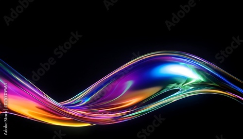 Beautifull abstract fluid holographic iridescent neon curved wave in motion, glass texture, dark black backgroud