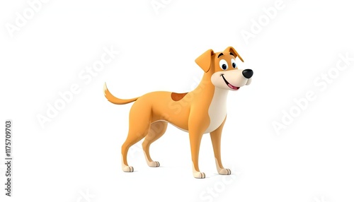 Happy cartoon dog standing, white background; children's book illustration