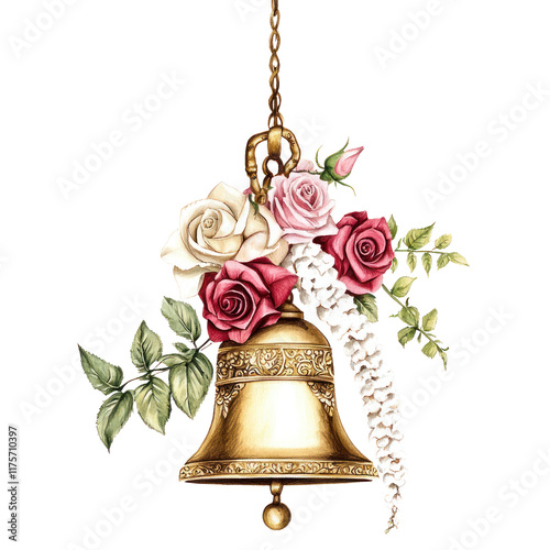 illustration of an elegant, traditional Indian bell adorned with roses for wedding decor element isolated on transparent background