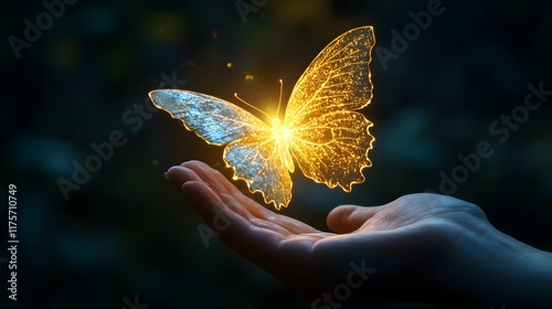 Hand catching a glowing golden butterfly in mid flight a surreal and ethereal fantasy nature concept full of wonder mystery and