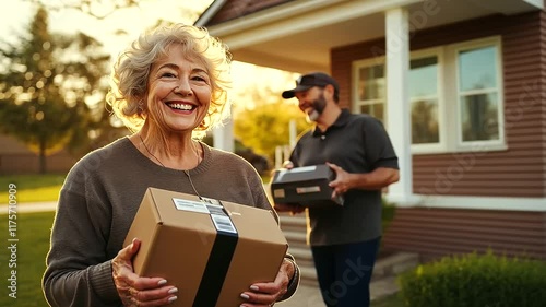 A happy older woman cradles a newly delivered package while standing on her doorstep, with a delivery man giving a courteous nod in the golden glow of the evening.