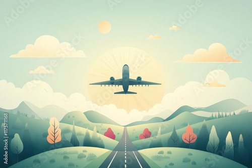 Airplane taking off above lush green landscape with runway aerial view digital art tranquil environment serenity concept inspiring travel enthusiasts photo