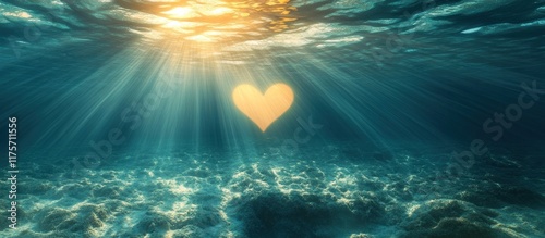 Underwater heart shaped light formation amidst serene sunlit ocean scenery with ethereal magical glow and rays of luminous energy  Inspiring