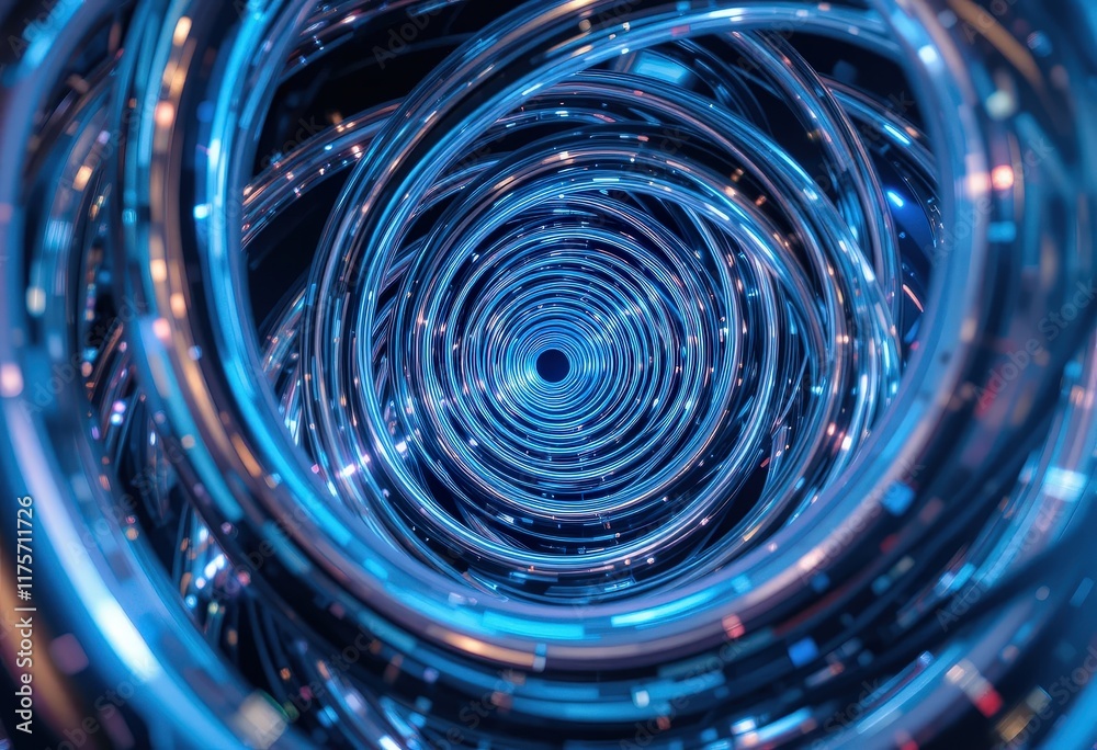 Swirling blue metallic spirals create a mesmerizing visual journey through an infinite tunnel of light and reflection at night Swirling blue metallic spirals create a mesmerizing visual journey through an infinite tunnel of light and reflection at night