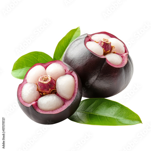 Fresh mangosteens with vibrant green leaves resting on a clean transparent background, showcasing their unique appearance, mangosteens garcinia mangostana or manggis with leaf on transparent photo