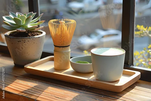Fototapeta Matcha preparation includes a bamboo whisk, a bowl of matcha, and a cup placed on a wooden tray. Succulent plants are positioned beside the items, with sunlight illuminating the scene