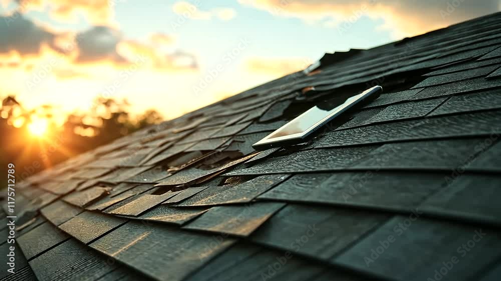 A roof partially caved in from a storm is framed by the sunlit sky as an insurance agent uses a digital tablet to explain next steps to a concerned homeowner.