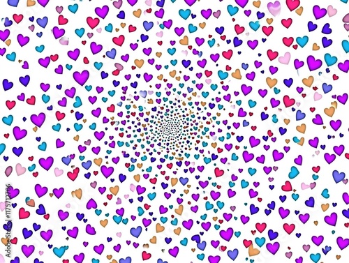 A pure white background completely covered with countless colorful small hearts in various shades, creating a vibrant, playful, and romantic visual. 