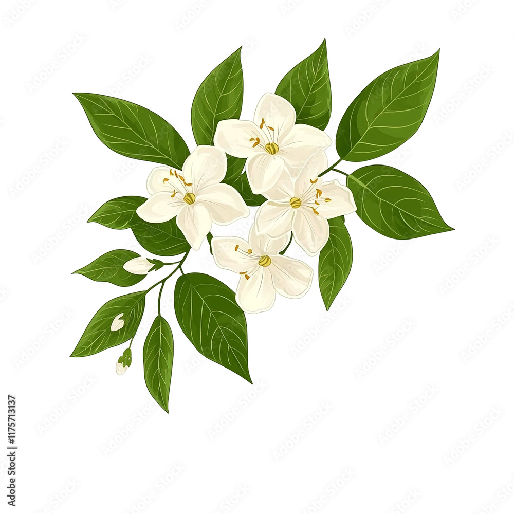 Naklejka premium an illustration of a branch with flowers and green leaves PNG image, PNG file, Generative art.
