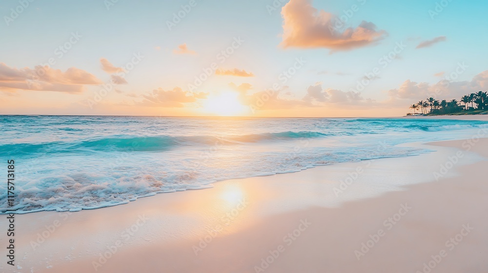 A tranquil beach at sunrise with gentle waves and soft, golden light A tranquil beach at sunrise with gentle waves and soft, golden light