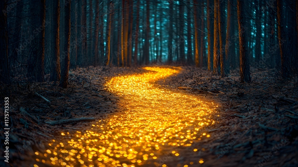 Naklejka premium Enchanted glowing golden path winding through a mysterious and atmospheric autumn forest landscape Tranquil and serene scene with captivating and mesmerizing lighting effects