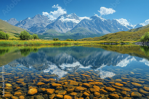 Mountain Lake Reflecting Majestic Peaks Under a Summer Sky