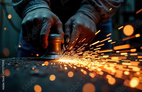 Close-up view of industrial metal grinding process. Worker grinds metal part with power tool. Sparks fly from metal surface. Dark workplace environment. Industrial machinery in use. Precision photo