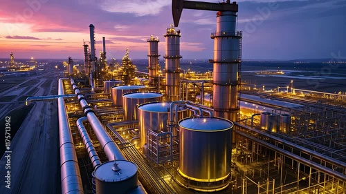 Industrial Refinery with Large Storage Tanks, Pipes, and Towers at Sunset in a Vast Manufacturing Facility

